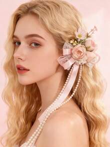 1 kẹp tóc Lolita bằng vải satin đính ngọc trai giả màu hồng mềm mại phong cách Âu Mỹ dành cho bé gái, kẹp tóc mái, kẹp tóc bên, phụ kiện tóc dạng hốc - Nhiều màu - Xem 2