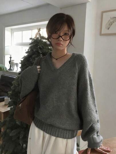 루즈핏 브이넥 캐주얼 단색 스웨터, 한국 스타일