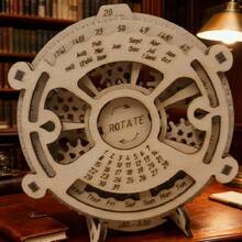 1pc DIY Wooden Perpetual Calendar - Laser Engraved Gear Mechanical Design, Rotatable Never Expired Calendar, Handmade Assembly Stress Relief Puzzle Desk Decor, Creative Retro Wooden Desktop Calendar, Office Desk Accessory, Gift For Boyfriend/Girlfriend, Birthday, Holiday - Apricot - View 3