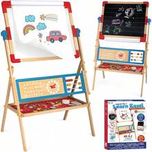 Pizarrn para Nios, Divertido Caballete de Aprendizaje con Doble Vista y 60 Accesorios Creativos, Incluye Alfabeto Magntico y Rollo de Papel para Dibujar - Rojo - Ver 1