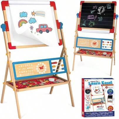 Pizarrn para Nios, Divertido Caballete de Aprendizaje con Doble Vista y 60 Accesorios Creativos, Incluye Alfabeto Magntico y Rollo de Papel para Dibujar