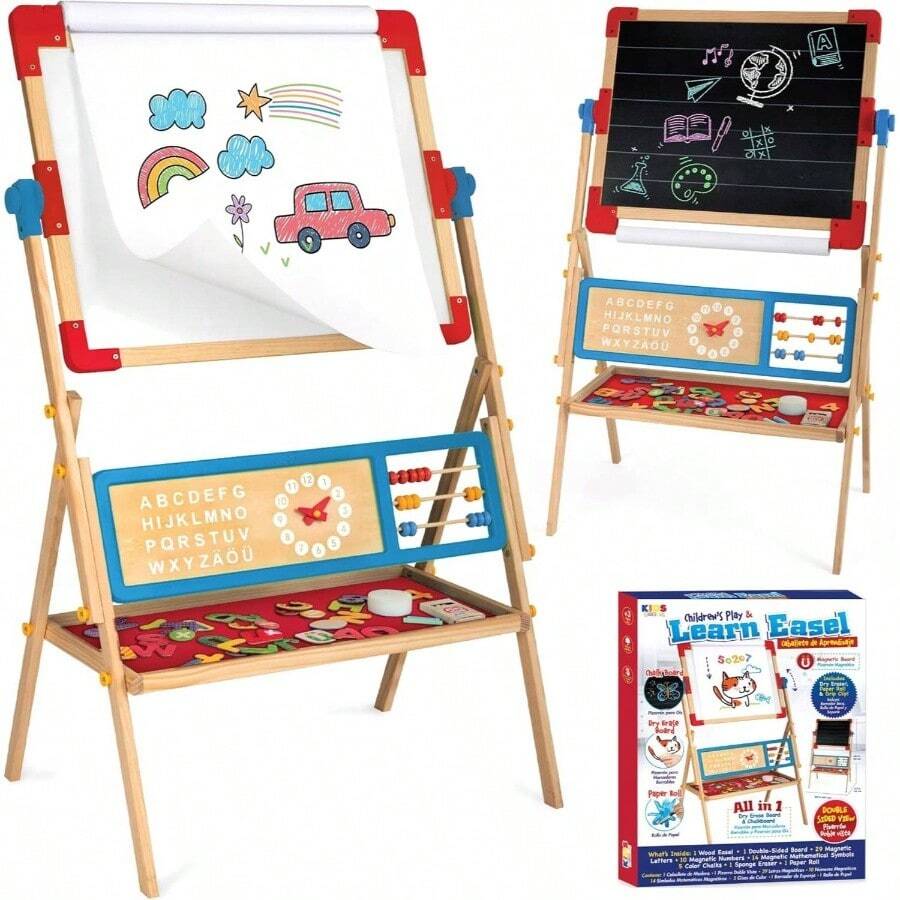 Pizarrn para Nios, Divertido Caballete de Aprendizaje con Doble Vista y 60 Accesorios Creativos, Incluye Alfabeto Magntico y Rollo de Papel para Dibujar - Rojo - Ver 1