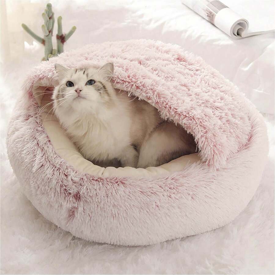 Round Deep Pet Bed For Cats And Small Dogs, 24-Inch Plush Donut Cuddler With High Walls, Snuggle Cave Style Washable Pet Nest For Indoor Comfort, Soft Faux Fur Bolster Bed For Anxiety Relief And Warmth, Calming Donut Cuddler, Anti-Anxiety Pet Bed, Snuggle Cave For Cats & Small Dogs, Machine Washable, Plush Sherpa Indoor Bed - 粉色 - 查看 1