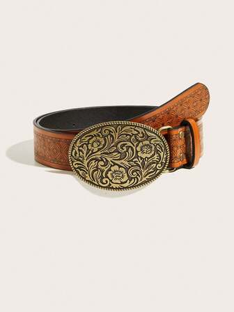 1pc Men's Belt With Oval Carved Buckle, Retro Western Cowboy Printed Leather Belt, Unique Design, Versatile For Men & Women, Brown Color, Fashion Accessory Suitable For Daily Wear