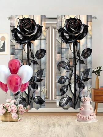 2片装深玫瑰艺术图案印花窗帘，高清数码印花，杆袋式安装，100%涤纶材质，90克/平方米，四季皆宜，遮光，保护隐私，防紫外线装饰窗帘
