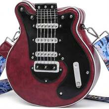 2025 New Creative Retro Micro Guitar Bag, Bass Guitar Asymmetrical Shoulder Bag, Chain And Rivet Decor Color Blocking Wide Strap Unisex Streetwear Bag - 紅色 - 查看 7