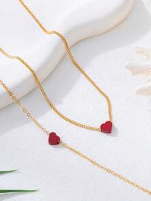 简约优雅喷绘红色心形吊坠项链手链套装，日常及节日送礼佳品 - 紅色 - 查看 5