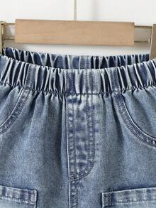 2 Stück/Set Modischer Streetwear Lässig Komfort Jeans Stil Englisch Muster Kragen Schneeflocke Jeans Kurzarm Top und personalisierte Lässig Jeans Shorts Set für Kleine Jungen - Helle Waschung - Übersicht 6