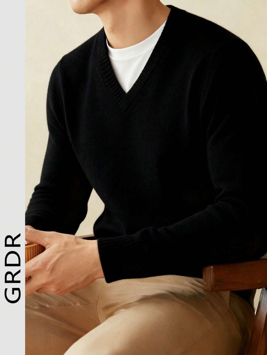 GRDR Men's Solid Color V-Neck Pullover Sweater, Casual Everyday Wear, Autumn/Winter