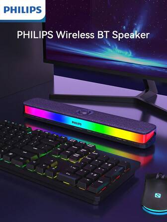 PHILIPS trådlös Bluetooth-högtalare med 6 RGB-ljuseffekter, dubbla högtalare + surroundljud med dubbla portar, lång batteritid, stabil anslutning, klassisk vredkontroll, omslutande skrivbordsljud och högtalare för utomhusfestatmosfär.
