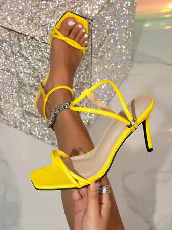 1 Pair Solid Color Elegant Criss-Cross Strap High Heel Sandals, Square Toe Stiletto, Fashionable Summer Women Shoes