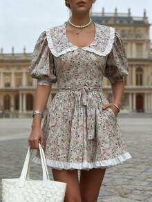 秋夏女装时尚优雅浪漫商务休闲度假简约日常休闲花卉设计袖口纽扣设计荷叶边系带腰带泡泡袖娃娃领圆领连衣裙，飘逸连衣裙，基本款连衣裙，女士外出服，女士教师服，开学服，返校服