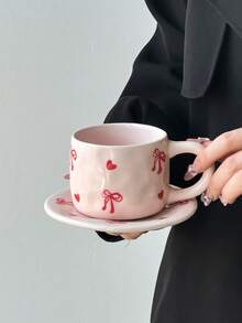 Conjunto de 1 xícara e pires de cerâmica com laço rosa, elegante xícara e pires de cerâmica floral, delicada xícara para chá da tarde, xícara para leite no café da manhã em casa, xícara para água, xícara para suco, xícara para café no escritório, xícara para café saudita, xícara para presente - Multicolorido - Ver 9