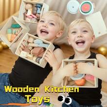 一套11件木制厨房玩具和6个收纳盒,包含蔬菜、角色扮演玩具、逼真食物、厨具,100%实木材质,多件套儿童厨房玩具套装,非常适合作为复活节、生日、圣诞节礼物,包含水果、肉类、鱼类、烘焙食品、切菜工具,适合3岁及以上幼儿和儿童。 - Kitchen toy - 查看 2