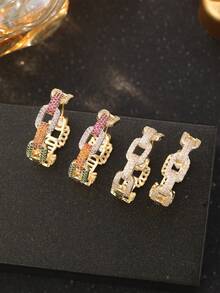 1 par de pendientes de estilo bohemio con cadena, circonita cúbica colorida para mujer, chapado en oro, de alta gama y glamoroso, diseño con diamantes completos, con circonita súper brillante incrustada, para uso diario, regalo ideal para novia, regalo del Día de San Valentín, platos de Ramadán, regalo de Eid Al-Fitr, obsequio de Eid Al-Fitr - Pendientes coloridos - Ver 3