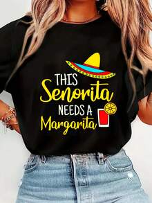 100% Cotton Senorita Margarita Mexican Fiesta Funny Cinco De Mayo T-Shirt Graphic T-Shirts For Men And Women, Casual Printed Short-Sleeved Women's Tops, Women's Clothing - 黑色 - 查看 5