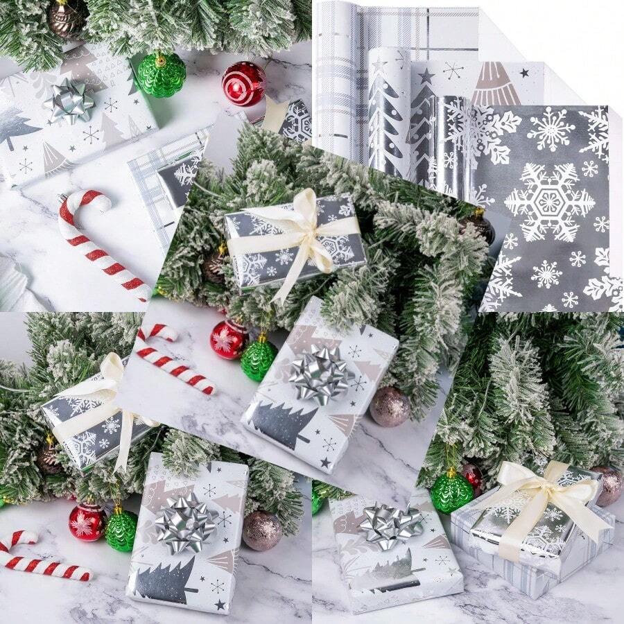 LeZakaa - Mini rollo de papel de regalo de Navidad papel metálico plateado diseño de árbol/copo de nieve/cuadros para papel de regalo manualidades de arte 17 x 120 pulgadas 3 rollos 42.5 pies - Plateado - Ver 1