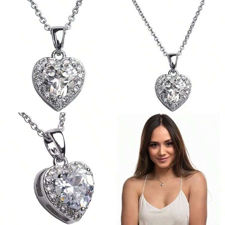 LuckyLy Collar para Mujer de Corazón con Cristal y Zirconia Cúbica, Baño de 14k o Rodio Color Plata – como Regalo para Mujer de Aniversario y Novia, Modelo Adora(Plata) - Multicolor - Añade 1