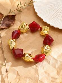 随机形状，复古高端不对称树脂CCB撞色串珠手链，女士串珠手链，可DIY叠戴配饰，适合日常、派对、节日、情人节佩戴，送给朋友、家人、情侣的难忘礼物，时尚饰品 - 彩色 - 查看 15