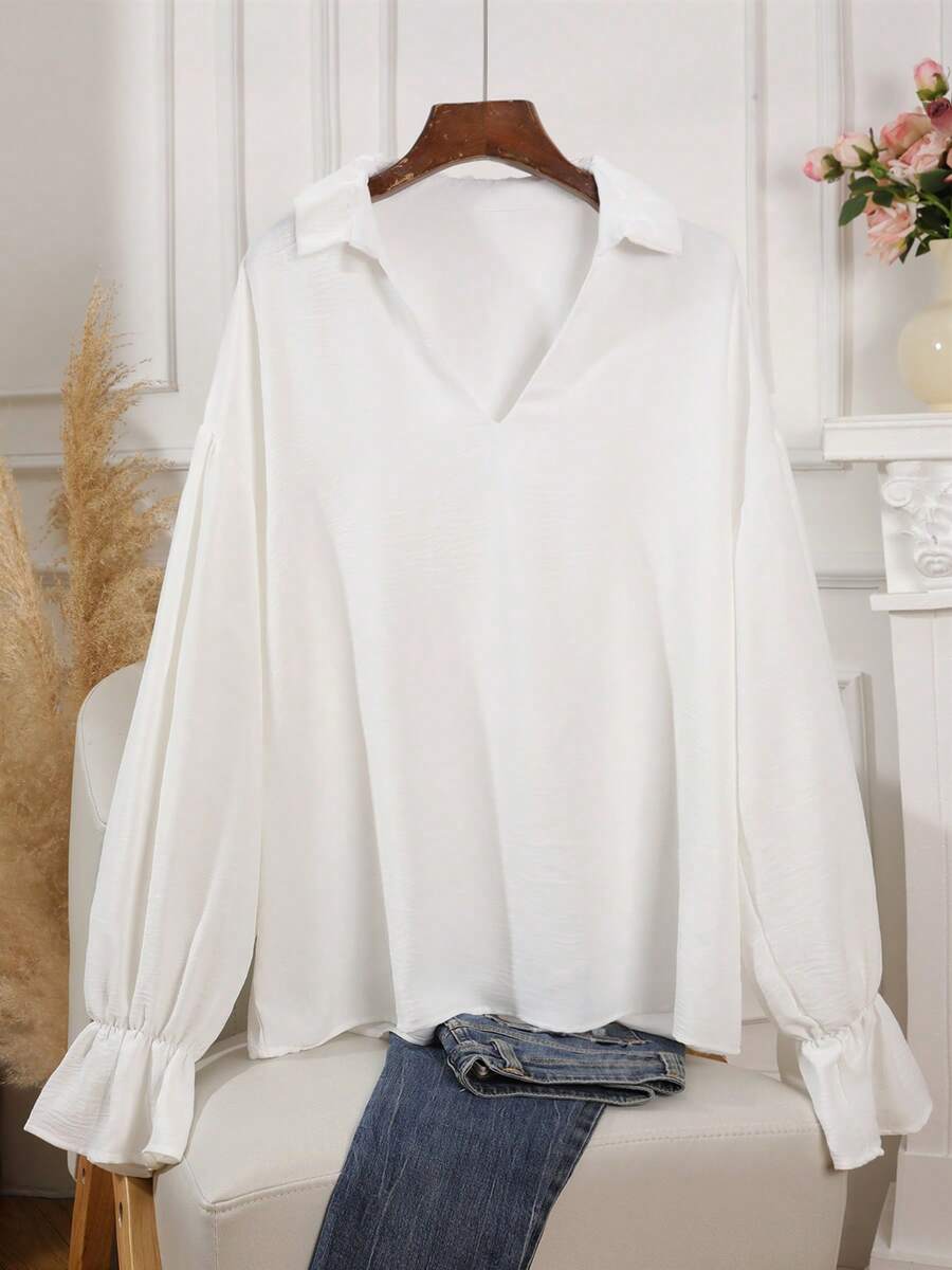 Blusa feminina elegante com mangas franzidas, blusa de escritório com gola vintage de cor sólida e botões frontais plissados/recortados de cor sólida - Branco - Ver 1