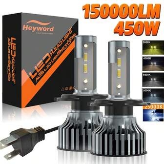 Heyword 2个LED汽车大灯，适用于9005、9006、H13、H11、H7、H4、H1型车辆，远近光一体，450W功率，150,000流明，亮度提升800%，5种色温可选：6500K/3000K/4300K/8000K/25000K，静音风扇，高亮度COB 1860芯片，即插即用