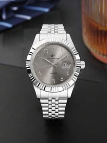 RICECGO 1pc Men's Classic Quartz Steel Band Wristwatch With Calendar Display, Suitable For Daily Wear, Business Occasions, High-End Sophisticated Gift - Silver - View 14