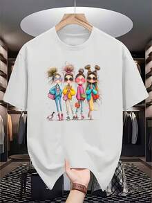Men's 100% Cotton T-Shirt with Colorful Cartoon Girls Print, Short Sleeve Round Neck Tee for Daily Wear, Mexico Style |  Fashion | Comfortable - Blanco - Ver 1