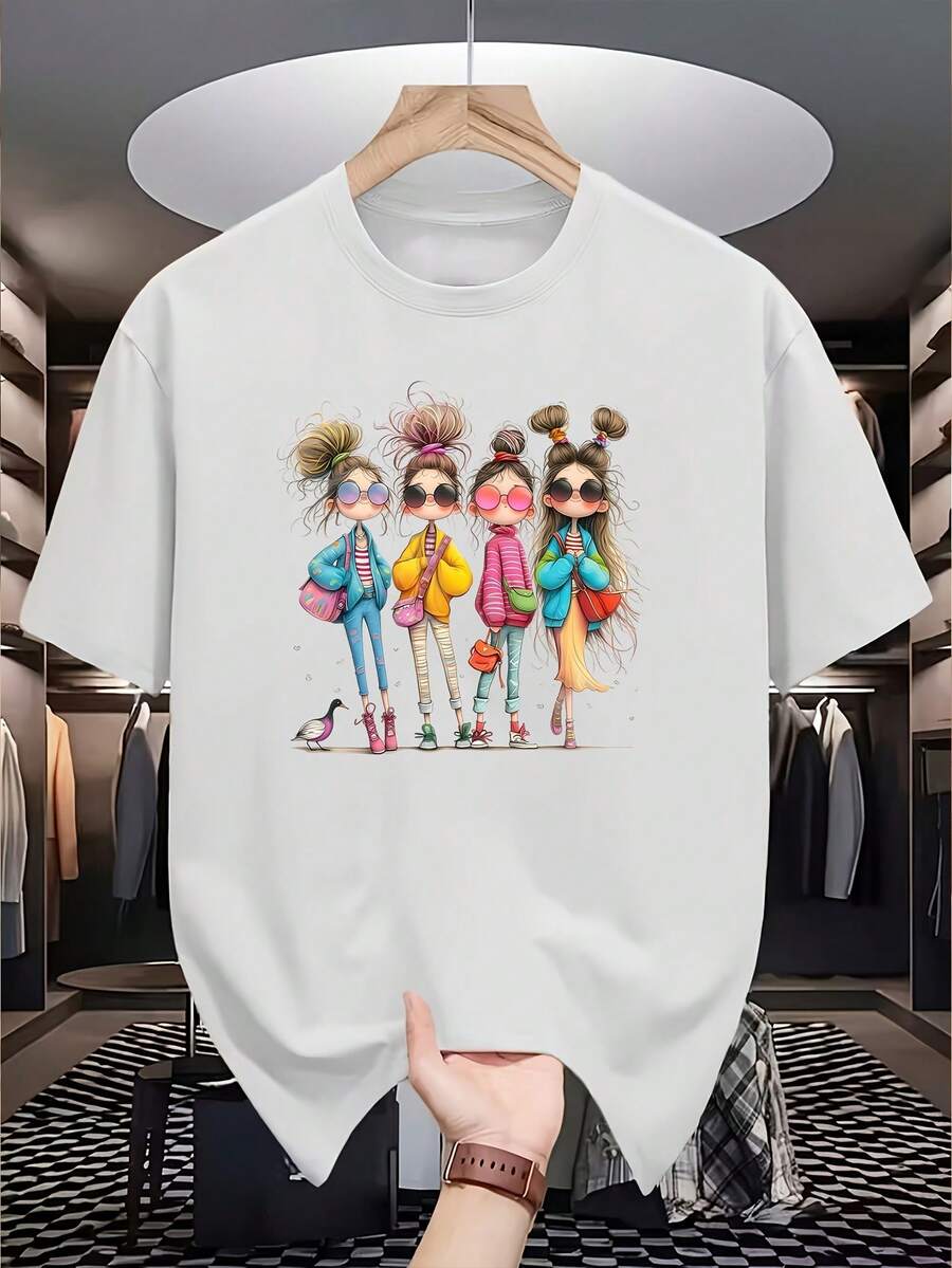 Men's 100% Cotton T-Shirt with Colorful Cartoon Girls Print, Short Sleeve Round Neck Tee for Daily Wear, Mexico Style | Fashion | Comfortable - Blanco - Ver 1