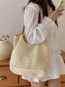 Bolso grande de capacidad hecho a mano, bolso de paja nuevo para mujer 2025, bolso de hombro para vacaciones en la playa, bolso de mano para ir al trabajo, extra grande - Beis - Ver 3