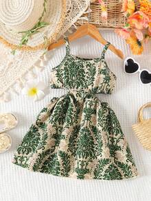 Baby Girls Vacation Style Hollow Out Sleeveless Dress - Green - View 2