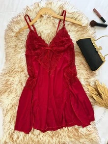 Sexy Lace Camisole With Side Slit And Sensual Comfortable V-Neck - 紅色 - 查看 3