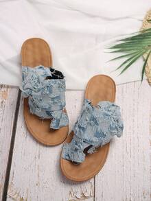 Blue Flat Flip Flops For Women, Bowknot Decor Suede Toe Strap, Fisherman Style Casual Beach Sandals, Summer New Flat Toe-Ring Slippers For Women - Blue - View 7