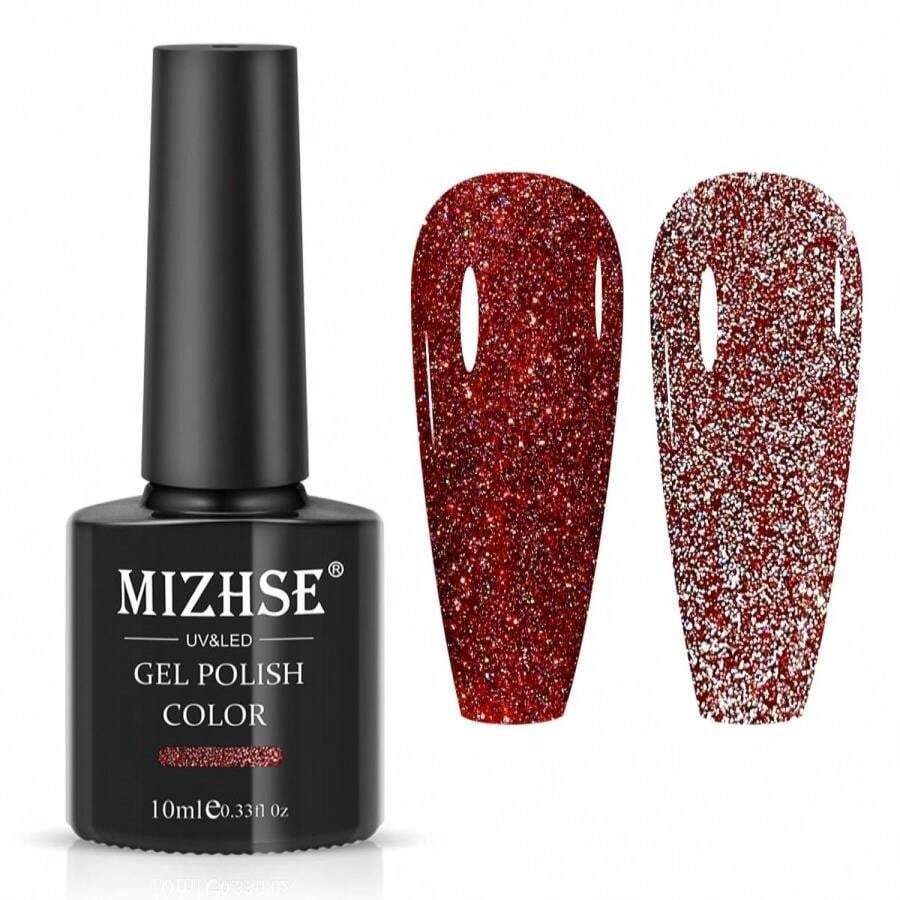 MIZHSE Glitter Red Gel Nail Polish, Reflective Gel Polish Sparkly Shiny Shimmer Nail Polish Soak Off Nail Art Salon Varnish Manicure DIY At Home Christmas Color - ColorN - 查看 1