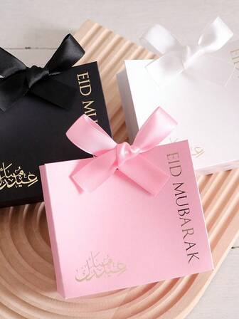 5 Luxury Eid Small Gift Boxes, Printed With "Eid Mubarak" Black And White Design, With Gold Ribbon, Set Of 10 Size: 11.5 * 10 * 4.5 Cm - Perfect For Elegantly Wrapping Candies, Chocolates And Small Gifts