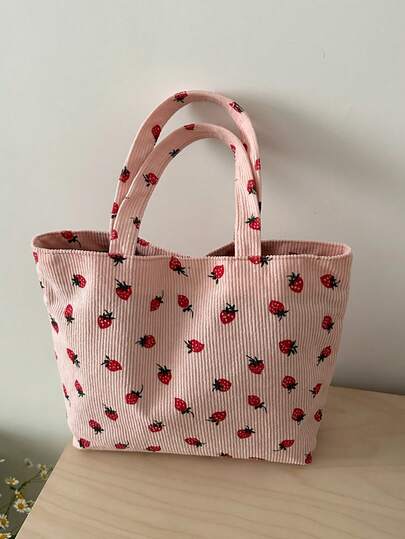 Bolso de mano con estampado de fresa, bolso de mano estilo lindo, bolso de hombro versátil de gran capacidad y moda para mujer, de pana