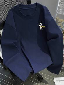 女士宽松卡通印花长袖T恤，适合春秋季休闲穿着 - 藏蓝色 - 查看 1