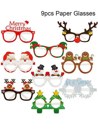 9 piezas Gafas de papel de Navidad a granel, marcos de gafas navideñas, gafas de sol navideñas divertidas, accesorios navideños, decoraciones de fiesta de Navidad, gafas de disfraz para fotos, regalos, decoración navideña para el hogar