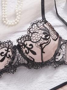 4 Stücke Sexy Dessous Set für Frauen, beinhaltet Blumen bestickte Mesh BH Set, Vintage Push-Up BH, Taillenband und Strumpfhalter, geeignet für intime Anlässe, Valentinstag Geschenk