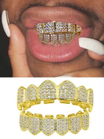 1 Set Shiny 6-Tooth Zirconia Metal Hip Hop Teeth Grillz, Shiny Party Music Festival Nightclub Accessories, Christmas & Valentine's Day Gift Unisex