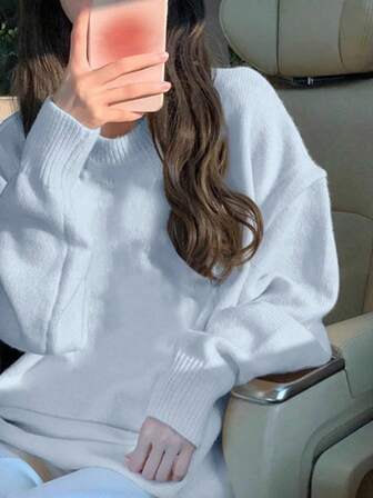 Women's Casual Loose Fit Crew Neck Long Sleeve Sweater, Versatile & Warm For Daily Wear, Korean/Japanese Style, Suitable For Christmas & New Year, Light Blue