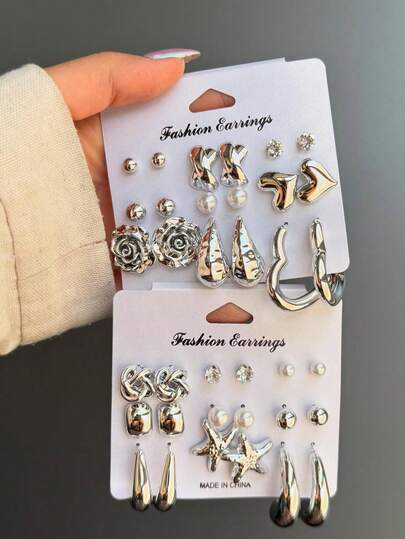18pcs/Set Elegant Y2K Style Flower, Faux Pearl, Rhinestone, Heart, Teardrop Stud Earrings Set For Women, Suitable For Vacation, Party, Date, Daily Wear