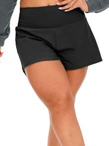 1pc Plus Size Women Loose Yoga Solid Color Shorts, Outdoor & Indoor Dual-Wear, Suitable For Fitness, Pilates, Cycling, Hiking, Running, Shark Skin Nylon Fabric, Elastic Waistband With Phone Pocket, Versatile & Comfortable Summer Activewear - Black - View 6
