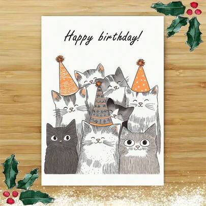 "1pc Delightful 'Happy Birthday Cat Group' Greeting Card With Envelope (11cm16cm&4.33in6.29in) - Festive Feline Design, Perfect For Cat Lovers & Friend Birthdays, Greeting Card|Cat Gang Birthday Card|Paper Greeting Card"