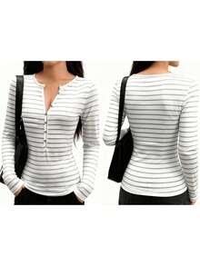 Blusa informal de manga larga con cuello redondo y botones para primavera y verano para mujer - Blanco - Ver 5