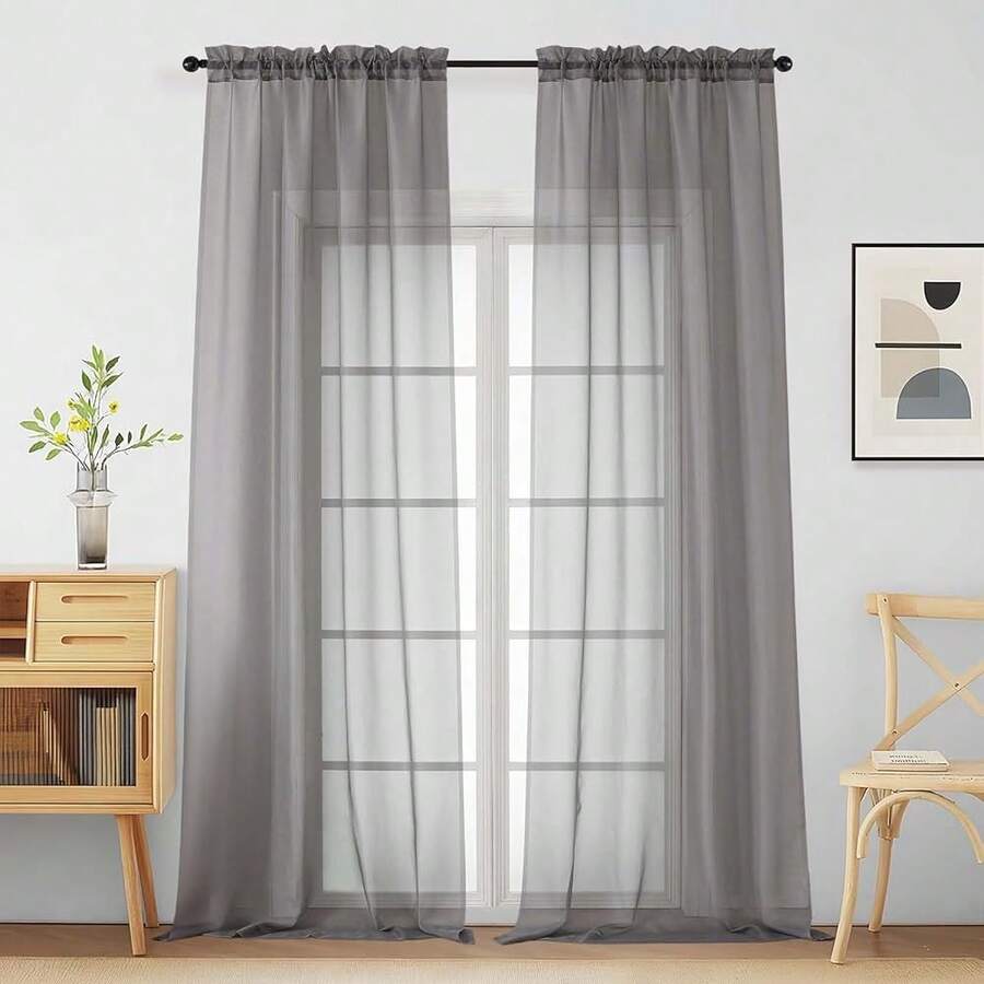 Grey Sheer Curtains For Window 96 Inches Long 2 Panels, Light Filtering Voile Sheer Curtains For Living Room Bedroom, Dual Rod Pocket Elegant Window Drapes, Charcoal Grey, 2x42Wx96L Inches,42inchWx96inchL(Packof2),CharcoalGrey - 炭灰色 - 查看 1