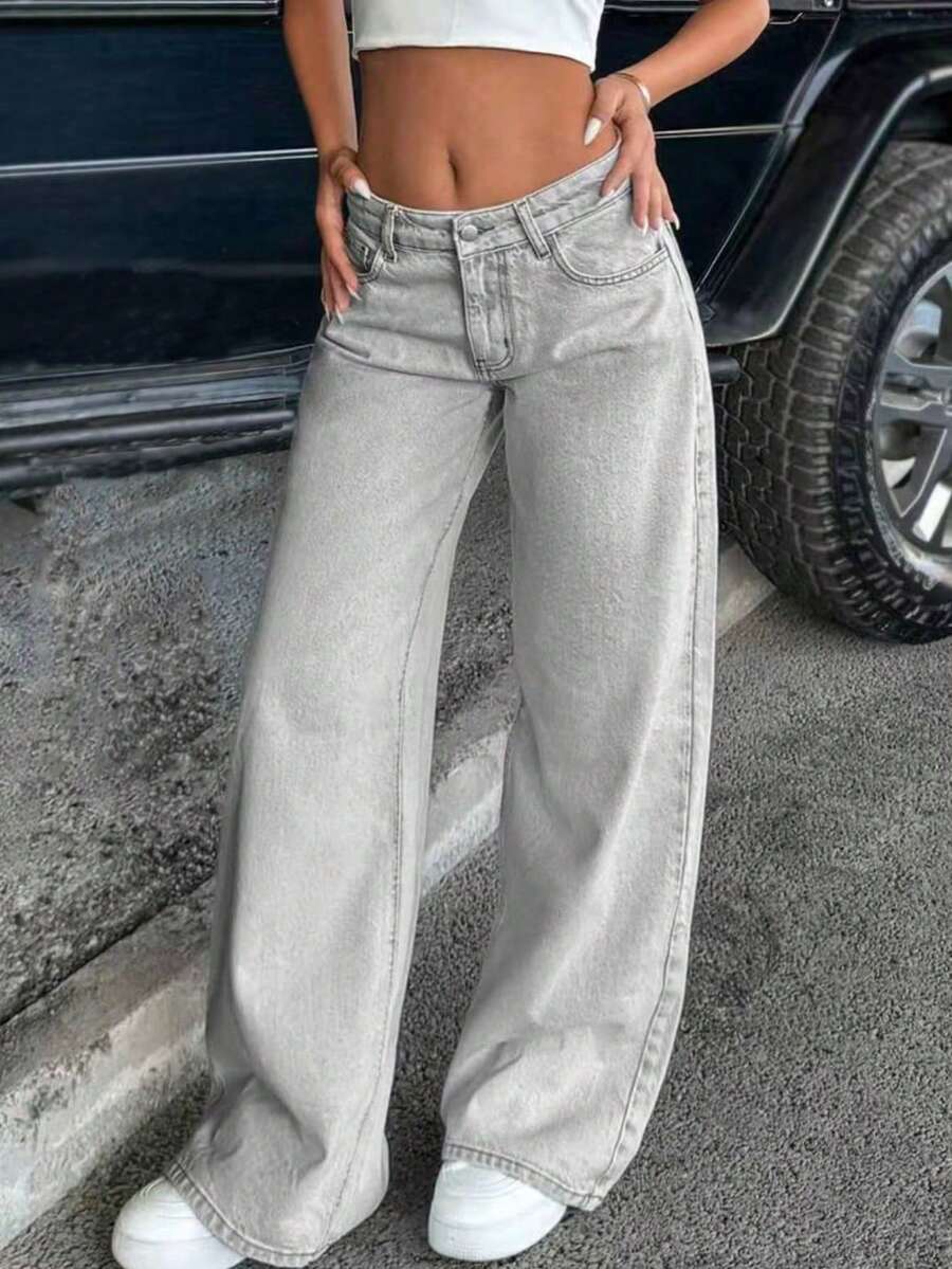 Teen Girl Casual Front Button Pocket Straight Leg Jeans - Grey - View 1