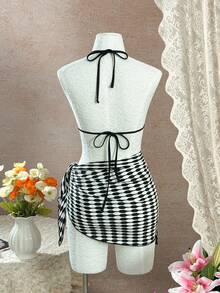 3件套优雅休闲性感露背系带透视泳衣，适合夏季海滩、晚间约会、度假、生日派对、音乐节等场合。 - 黑與白 - 查看 3