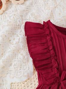 Baby Girls Red Bow Decor Ruffle Trim Dress - Burgundy - View 4
