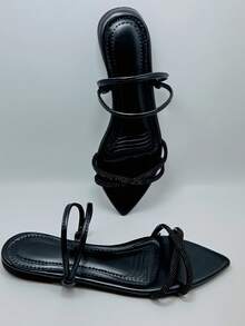 Women's Flat Sandal With Rhinestones, Stylish And Comfortable, Perfect For New Year's Eve, Christmas, And With A Leaf Toe, Fashionable And Blogger Style. - 黑色 - 查看 1