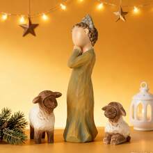 Christmas Shepherd & Lambs Figurine Set - Festive Nativity Decor For Holiday Home Ambiance,Suitable For Living Room Decoration, Christmas Home Decoration, Home Décor - 橄欖綠 - 查看 3